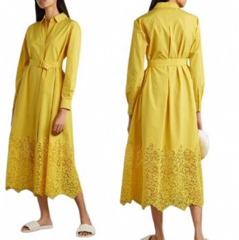 New Fashion Ladies Elegant Clothes Belted Linen Shirt Women Lace Dress