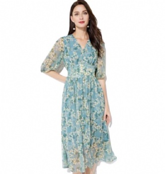 Women Silk Floral Dress V-Neck Pure Silk Skirt